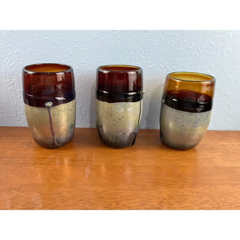VTG Frederck Warren Art Glass Tumblers Set of 6 Amber Cobalt Iridescent